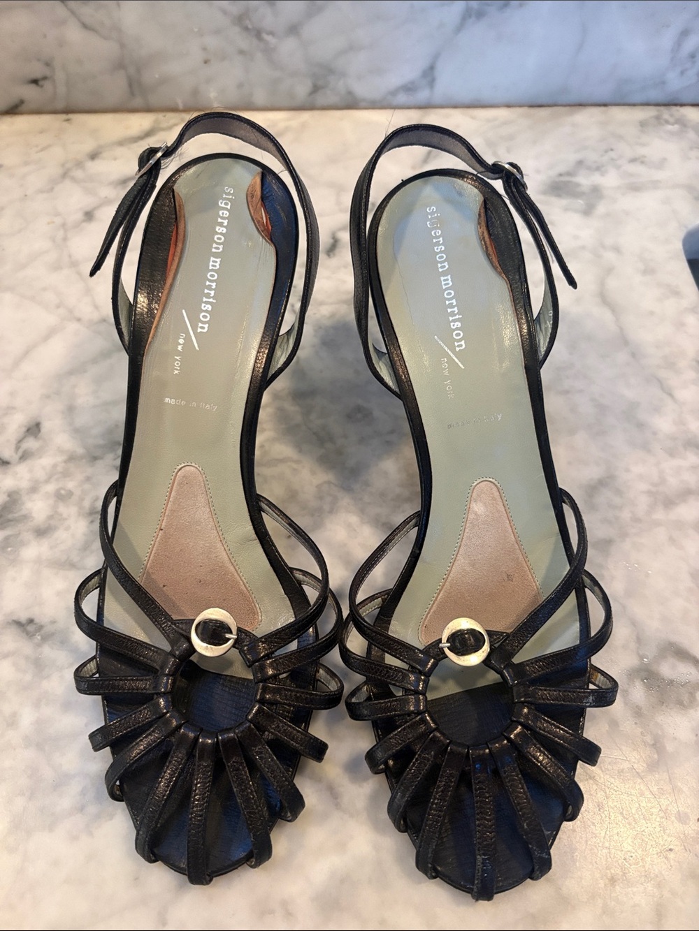 Strappy + Demure Sigerson Morrison Black Peep-Toe Slingbacks 9.5